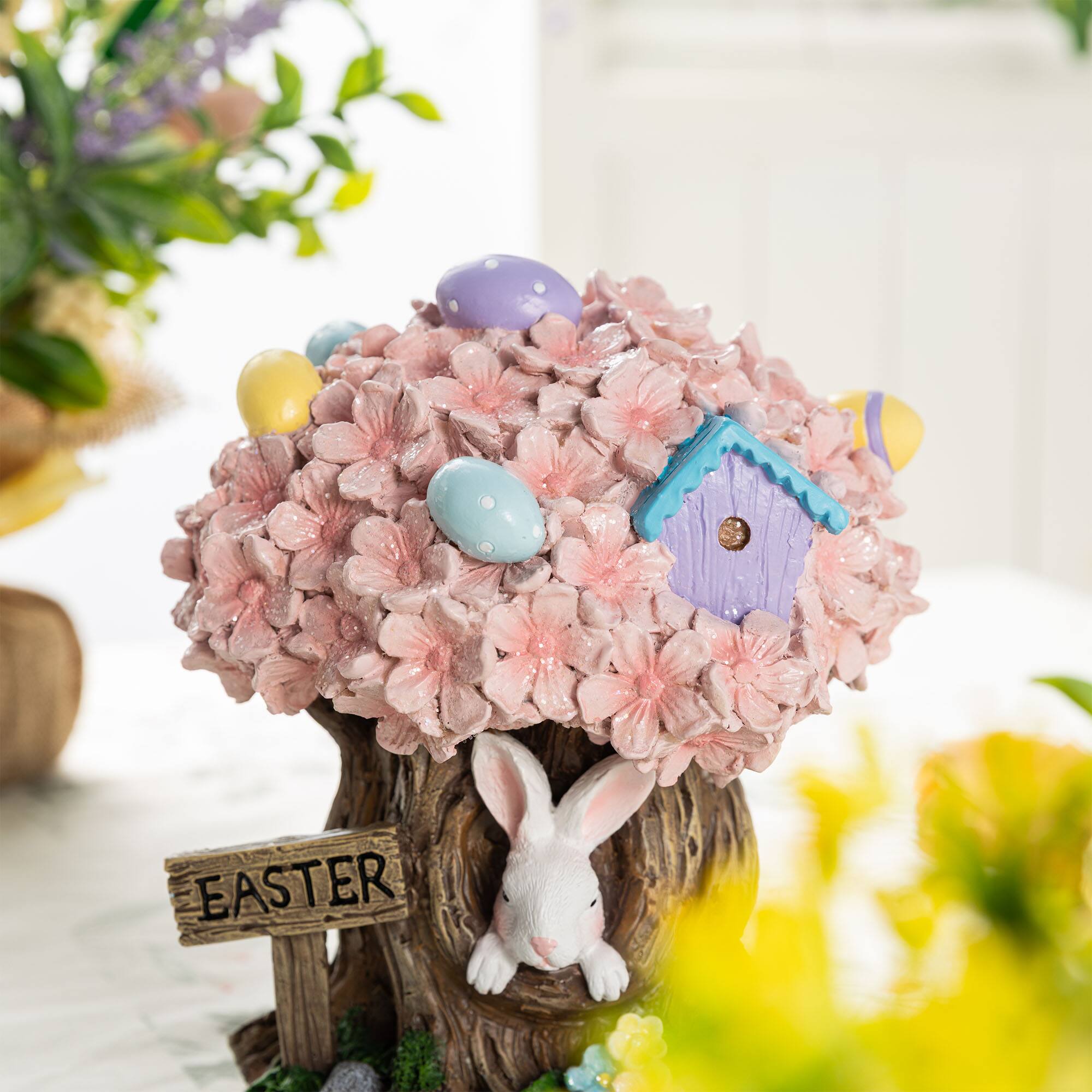 Glitzhome® 8" Easter Resin Bunny & Pink Blossoms Table Decor